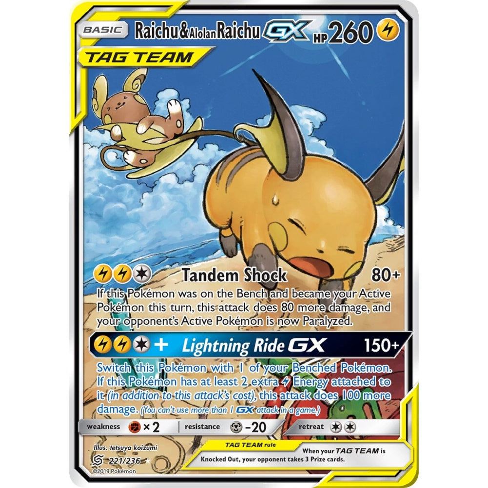Raichu & Alolan Raichu-GX Rare Ultra 221/236 Pokemon Card Game Unified Minds