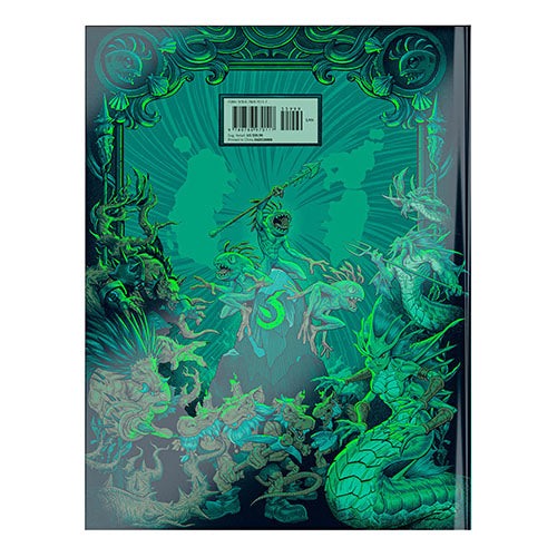 A hardcover notebook or journal featuring a highly detailed fantasy illustration on the back cover. The artwork depicts a central green dragon-like creature surrounded by various monsters and mythical beasts in a glowing teal and green color palette, framed by an ornate decorative border.