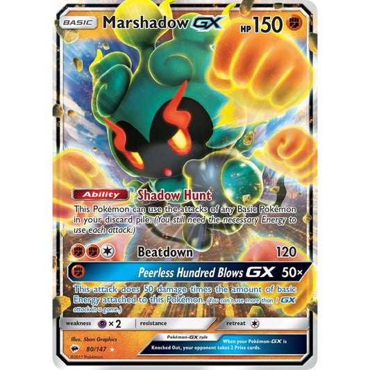 Marshadow-GX Rare Holo GX 80/147 Pokemon Card Game Burning Shadows