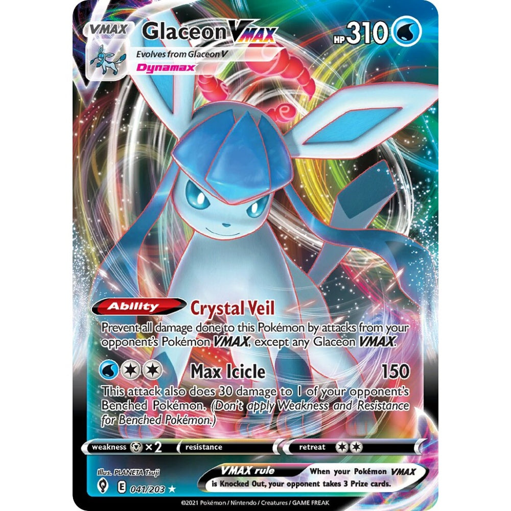 Glaceon VMAX Holo Rare VMAX 041/203 Pokemon Card Game Evolving Skies