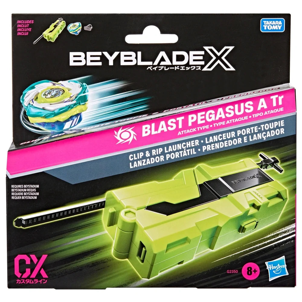 Beyblade Burst packaging with Beyblade and launcher on a black background