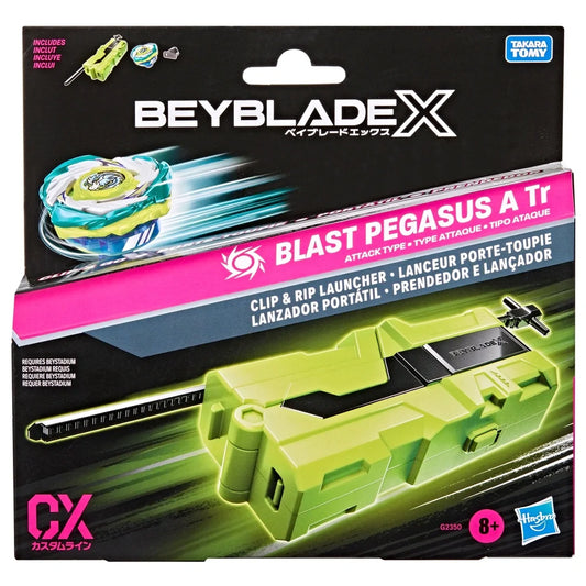 Beyblade Burst packaging with Beyblade and launcher on a black background