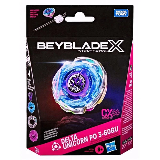Beyblade X Delta Unicorn PO 3-60GU toy packaging by Takara Tomy, featuring a black and pink box with a graphic of the blue and purple Beyblade.