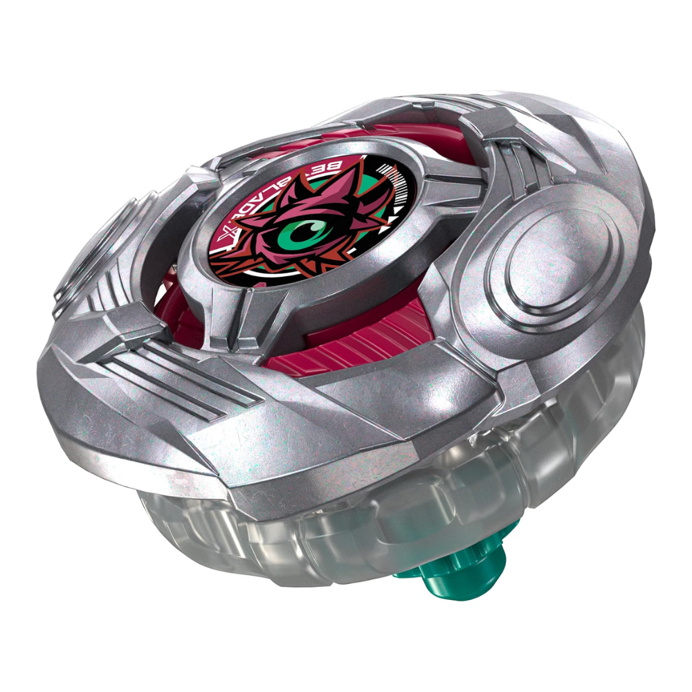 A Beyblade toy top spinning top with a metallic silver outer shell, a red and black central faceplate featuring a stylized eye design, and a translucent clear lower section with a small teal-colored base, shown on a plain white background.