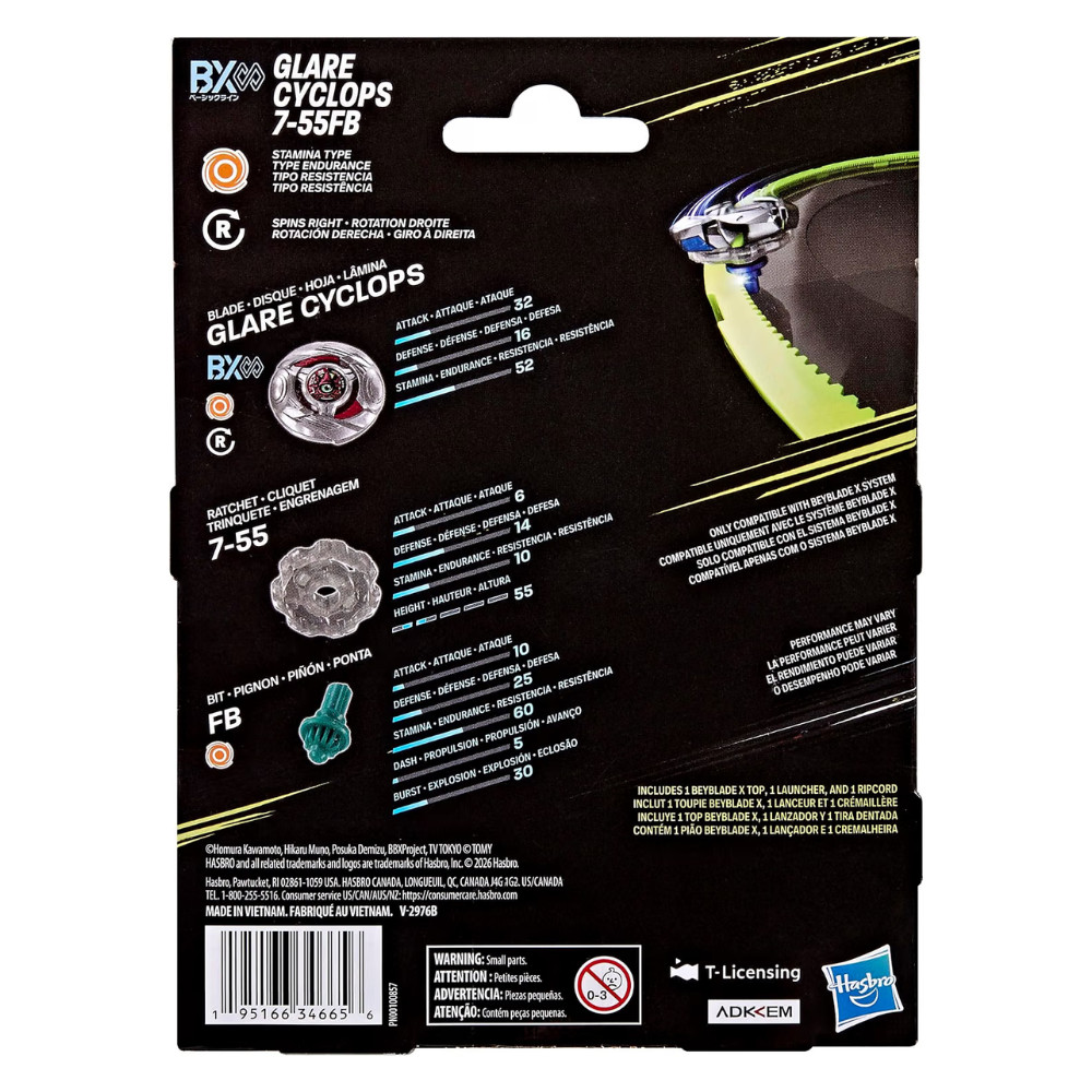 Back packaging of a Hasbro HasExx Glare Cyclops 7-55 FB toy, featuring product specifications, a small photo of the spinning disc, and racing graphics on a black background.