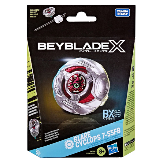 Beyblade X Glare Cyclops 7-55FB toy package by Takara Tomy and Hasbro, featuring a silver and red Beyblade with a green center, on a black and blue retail card.