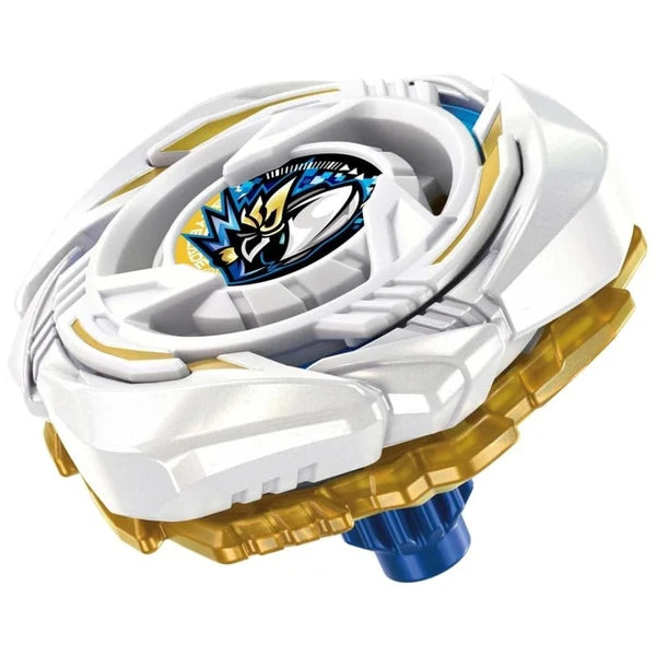 A Beyblade toy spinning top shown on a plain white background. The top is primarily white with gold accents, a blue top cap, and a central emblem featuring a stylized blue and black bird design.