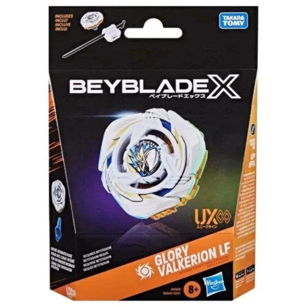 Beyblade X GX Fury Clash Glory Valkyron LF toy packaging by Takara Tomy, featuring a white and gold Beyblade with blue and black details, on a black and orange carded box.
