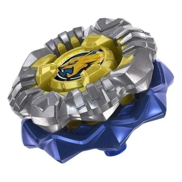 A Beyblade toy top featuring a metallic silver outer ring, a gold center with a stylized animal head logo, and a blue geometric base, shown on a plain white background.