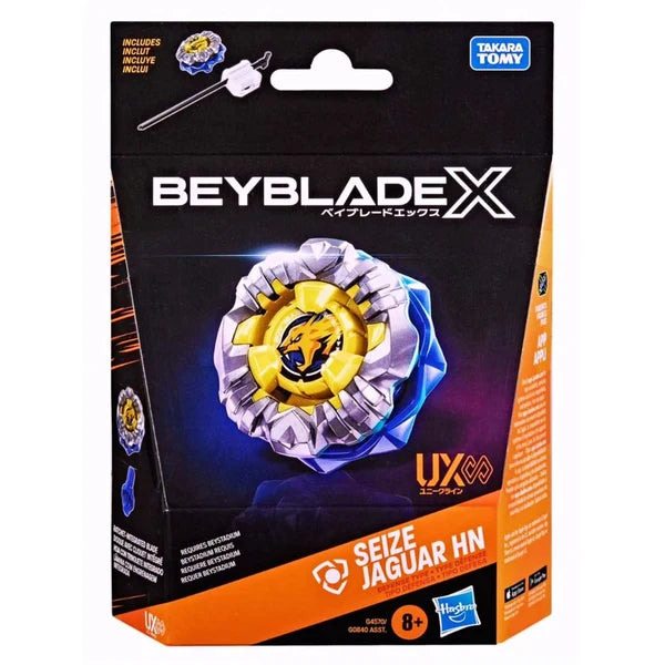 Beyblade X Seize Jaguar HN toy packaging by Takara Tomy, featuring a black and orange box with a central illustration of the silver and gold Beyblade.