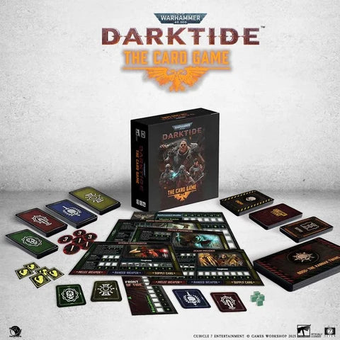 Warhammer Darktide: The Card Game board game set displayed with the main box, game board, cards, tokens, and dice on a light textured studio background. The Warhammer logo is visible at the top, and the Darktide title is prominently shown.