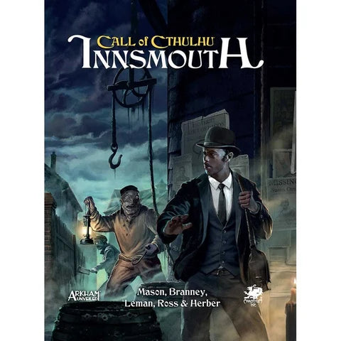 Cover art for the board game Call of Cthulhu: Innsmouth, featuring illustrated figures in a dark, foggy seaside town scene with the game title at the top and publisher logos at the bottom.