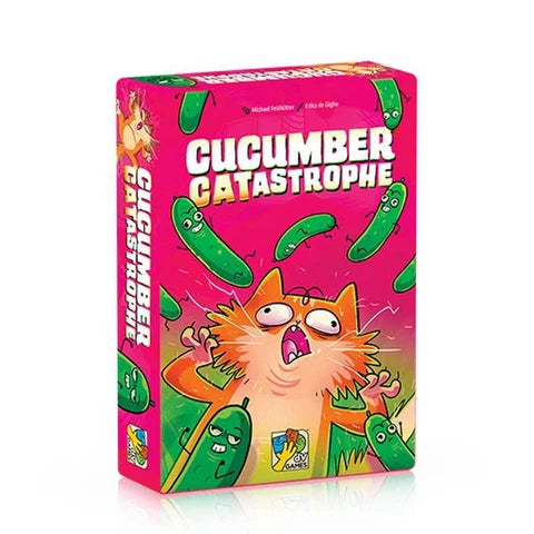 Board game box for 'Cucumber Catastrophe' with a cartoon cat and pickles on a pink background