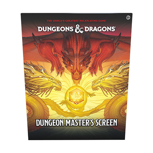 Dungeons & Dragons Dungeon Master's Screen with dragons and a pentagonal symbol on a red and yellow background.