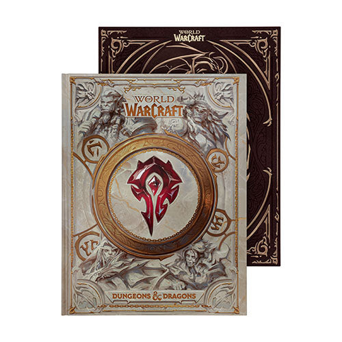 World of Warcraft: Dungeons & Dragons box set shown from the front and back on a plain white background. The front cover features the red World of Warcraft logo in a circular frame with fantasy artwork, and the back cover is dark brown with ornate gold detailing.