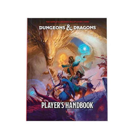 Dungeons & Dragons Player's Handbook book cover shown upright on a plain white background. The cover features fantasy artwork with a large golden dragon and adventurers, and the title 'PLAYER'S HANDBOOK' is printed at the bottom.