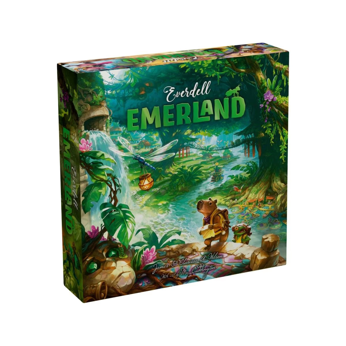The board game box for 'Everdell Emerald' is shown at a three-quarter angle against a plain white background. The box art features a vibrant, detailed fantasy jungle scene with a waterfall, stream, and a bear character.
