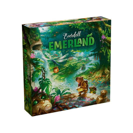 The board game box for 'Everdell Emerald' is shown at a three-quarter angle against a plain white background. The box art features a vibrant, detailed fantasy jungle scene with a waterfall, stream, and a bear character.