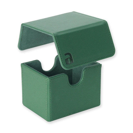 Green textured jewelry box with a lid open on a white background