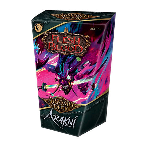 Card game box titled 'Flesh and Blood Armory Deck' with character design on a white background