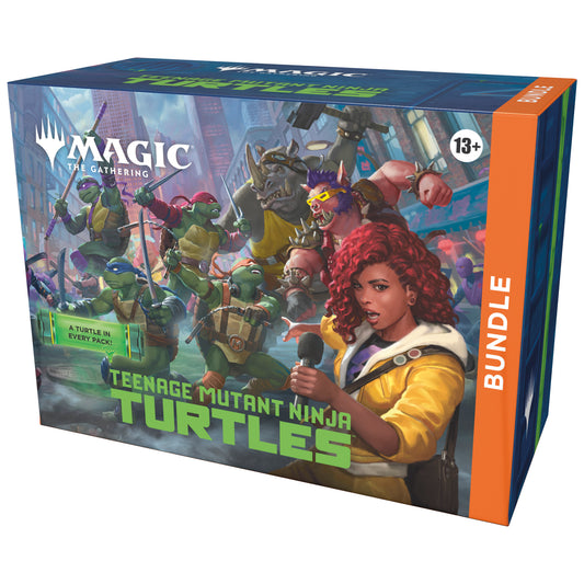 Box for 'Magic: The Gathering' featuring Teenage Mutant Ninja Turtles characters and a person with red hair.