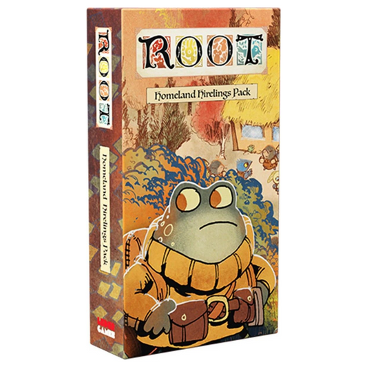 Board game box for 'Root' with a cartoon frog character on a colorful background