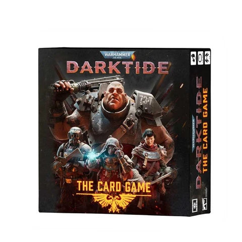 Warhammer 40k Darktide: The Card Game board game box shown at a three-quarter angle on a plain white background.