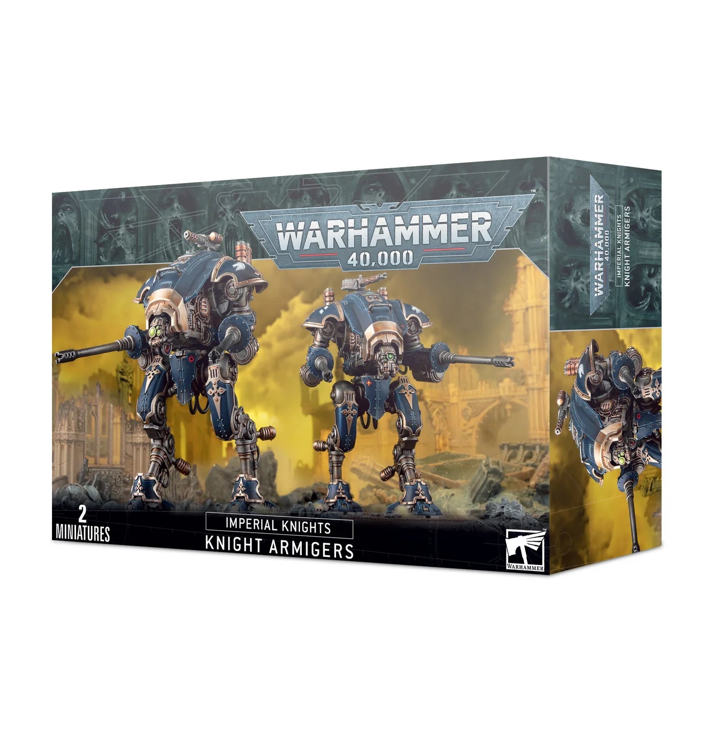 Box of Warhammer 40,000 Knight Armigers miniatures on a white background