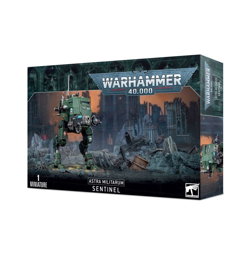 Warhammer 40,000 Astra Militarum Sentinel miniature box on a white background