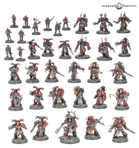 Collection of Warhammer figurines from different factions on a white background