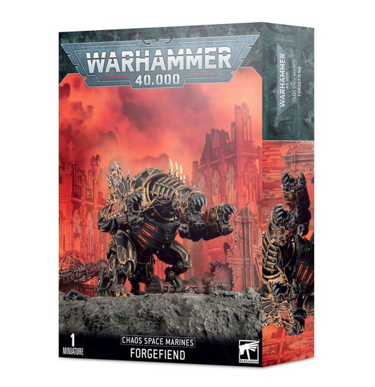 Warhammer 40,000 Chaos Space Marines Forgefiend miniature box with fiery background