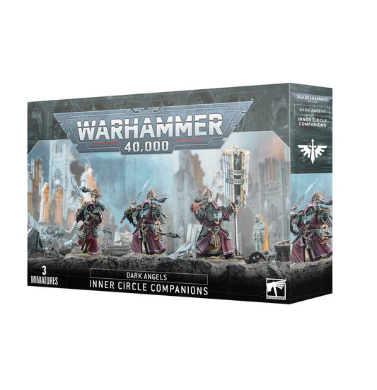 Warhammer 40,000 game box featuring Dark Angels Inner Circle Companions on a white background