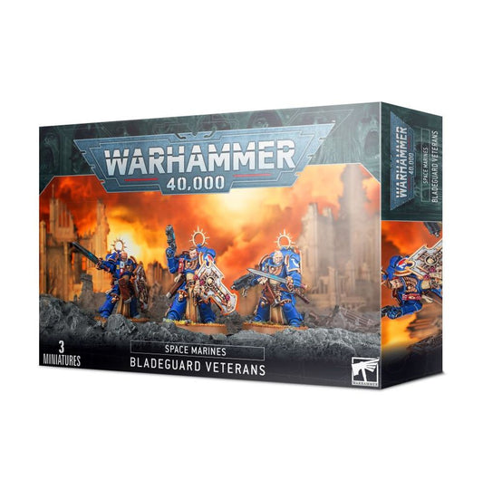 Warhammer 40,000 Space Marines Bladeguard Veterans miniatures box on a white background