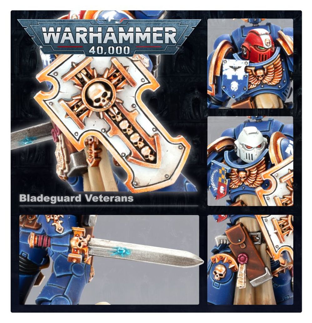 Warhammer 40,000 Bladeguard Veterans toy figure packaging with detailed illustrations.