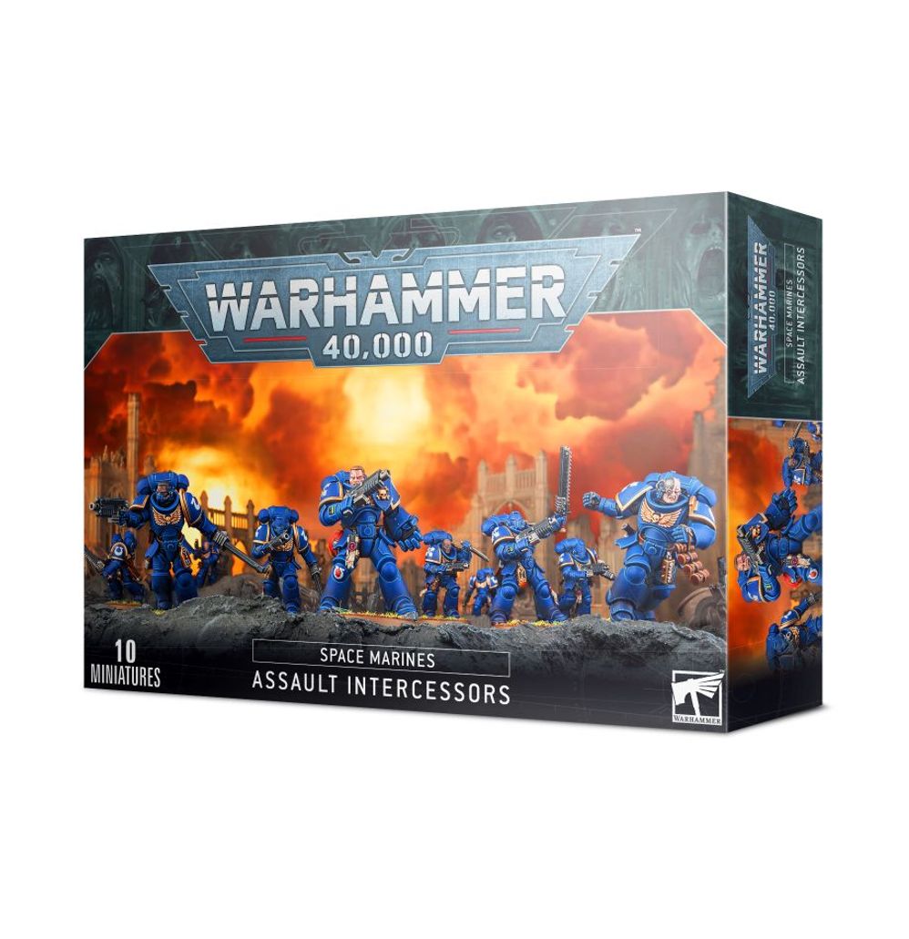 Warhammer 40,000 Space Marines Assault Intercessors toy set packaging on a white background