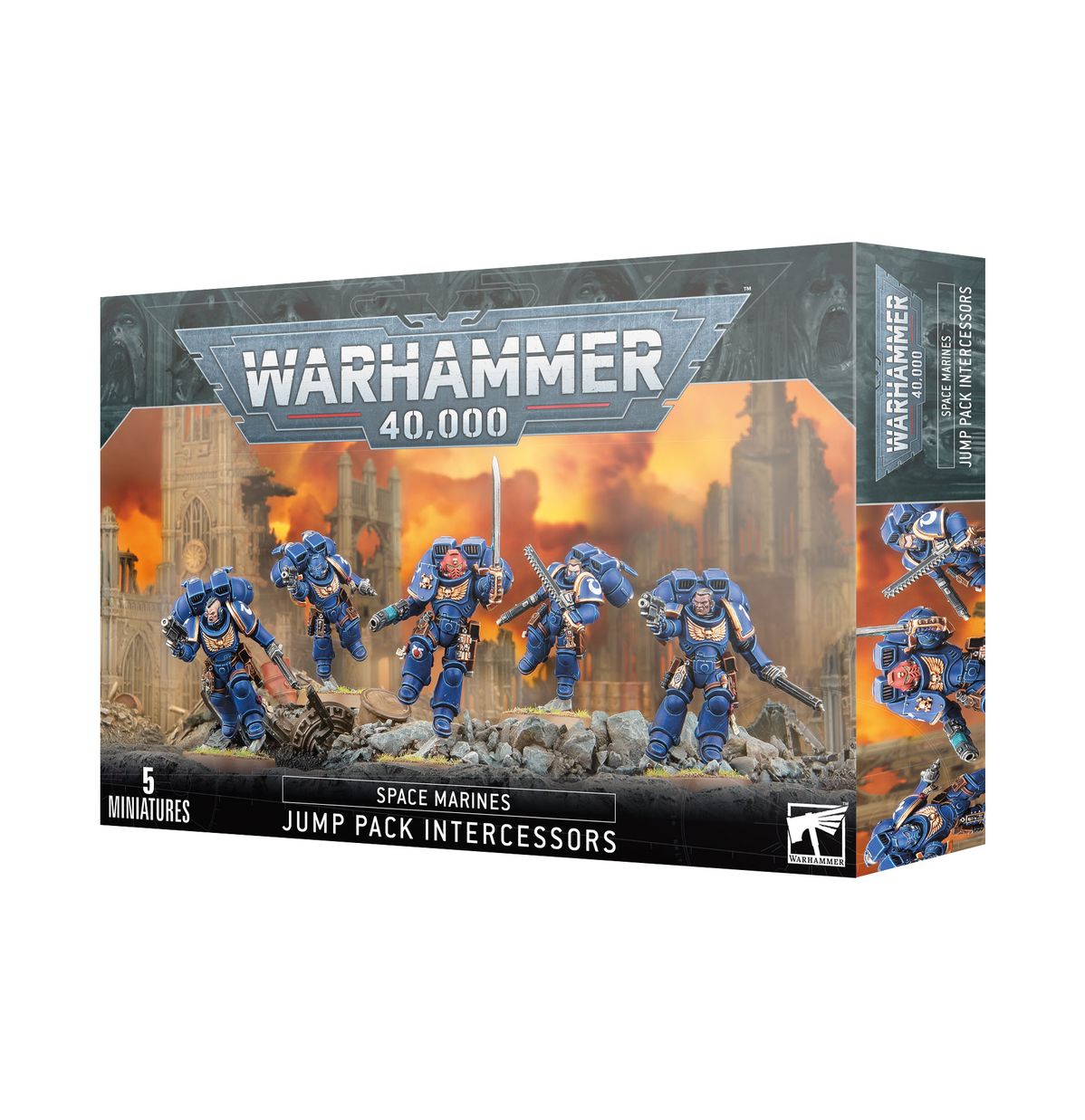 Warhammer 40,000 Space Marines Jump Pack Intercessors box with models on a fiery background
