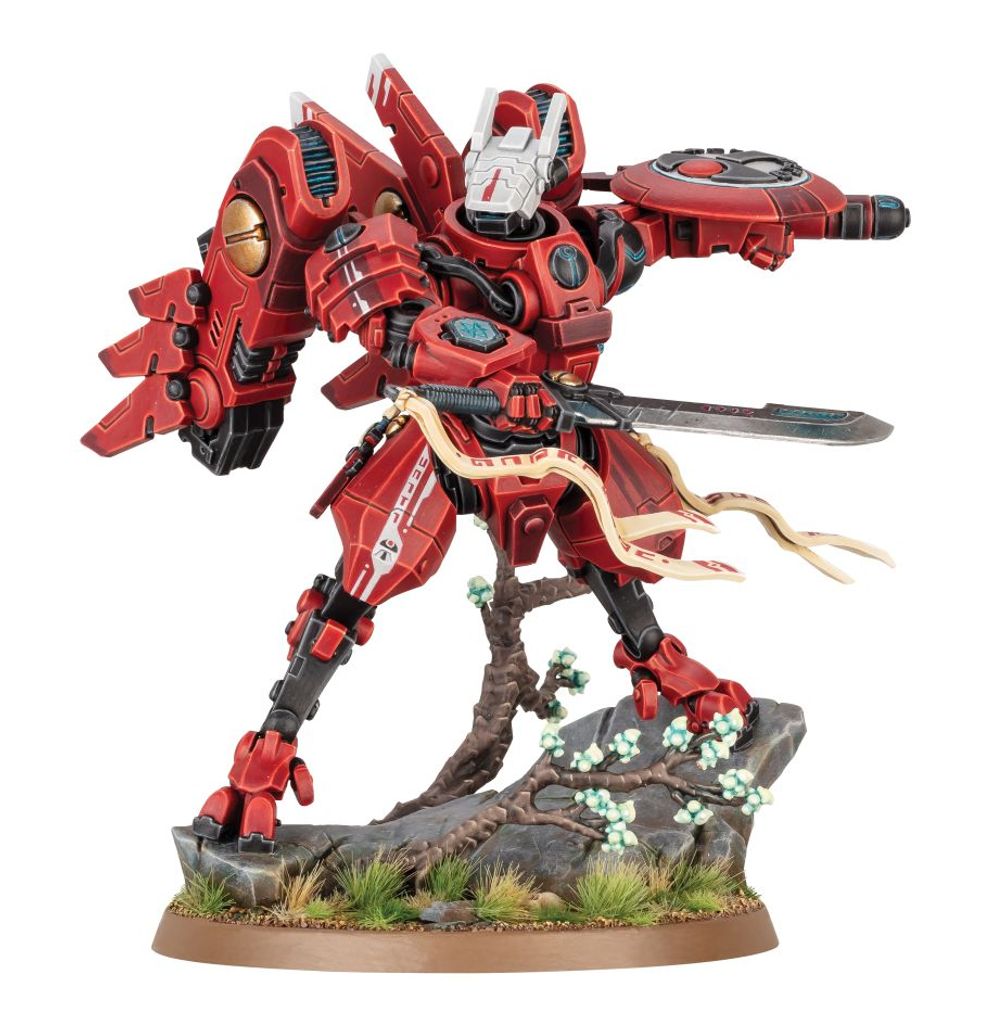 Red robot-like figure with a sword on a rock base against a white background