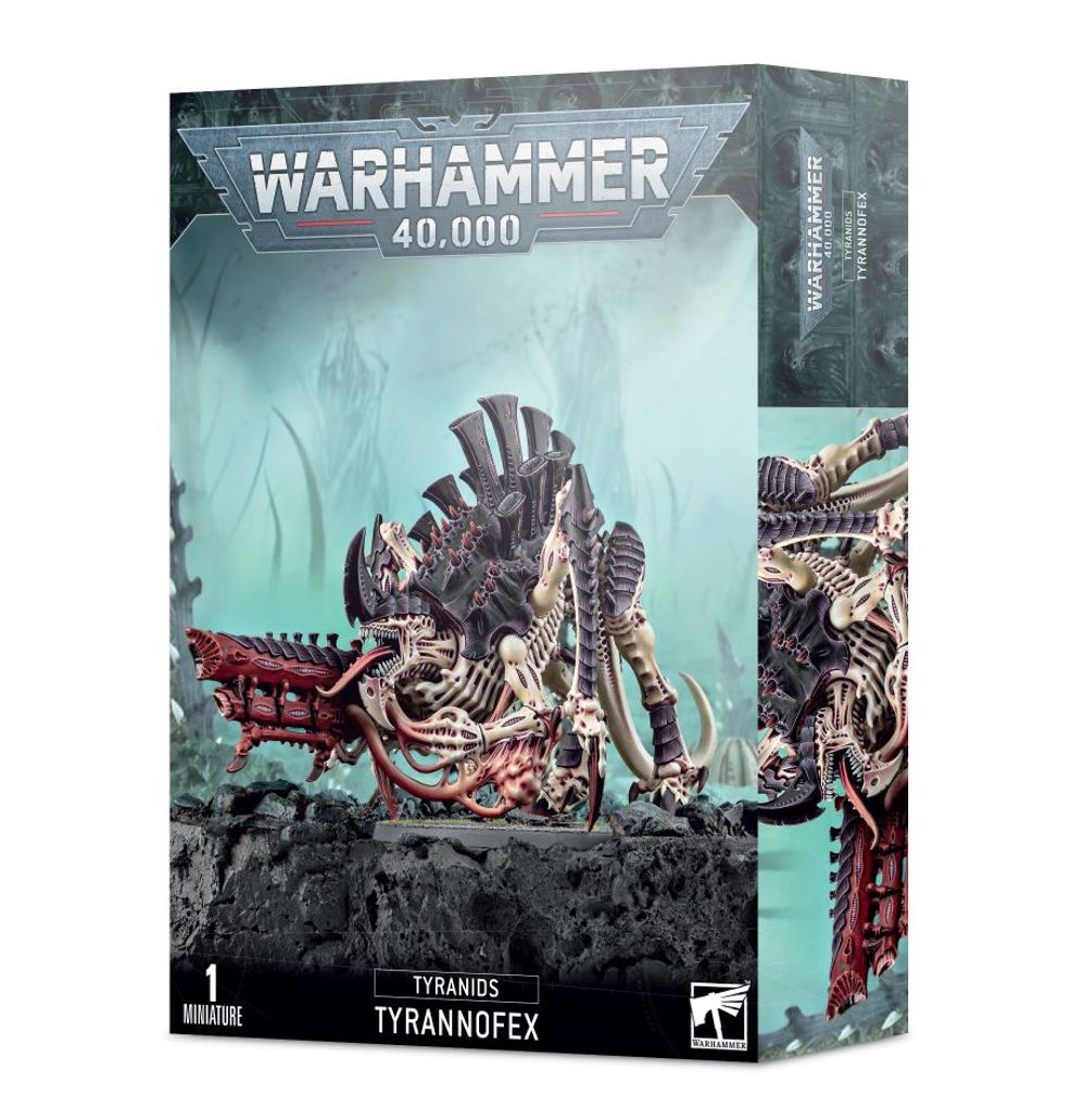 Warhammer 40,000 Tyrannos Tyrannofex figurine packaging on a white background