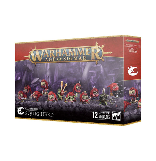 Warhammer Age of Sigmar game box featuring Gloomspite Gitz Squig Herd miniatures.