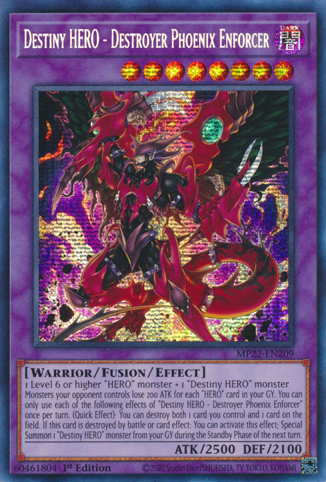 Destiny HERO - Destroyer Phoenix Enforcer MP22-EN209 Prismatic Prismatic Secret Rare Yu-Gi-Oh 2022 Tin of the Pharaoh%27s Gods in Art