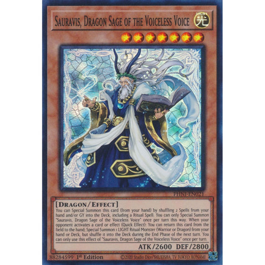 Sauravis, Dragon Sage of the Voiceless Voice PHNI-EN021 Super Super Rare Yu-Gi-Oh Phantom Nightmare in Art