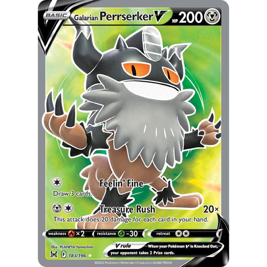 Galarian Perrserker V Rare Ultra 183/196 Pokemon Card Game Lost Origin
