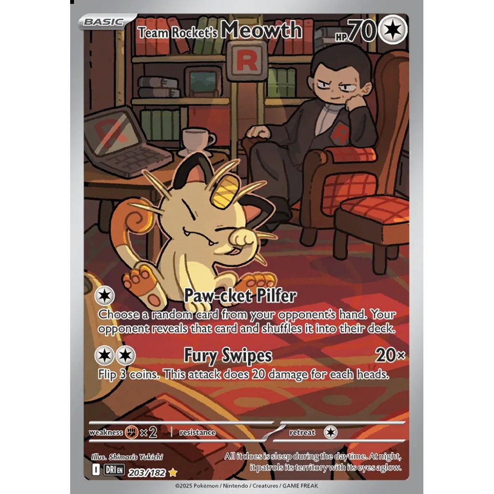 Team Rocket's Meowth Illustration Rare 203/182 Pokemon Card Game Destined Rivals