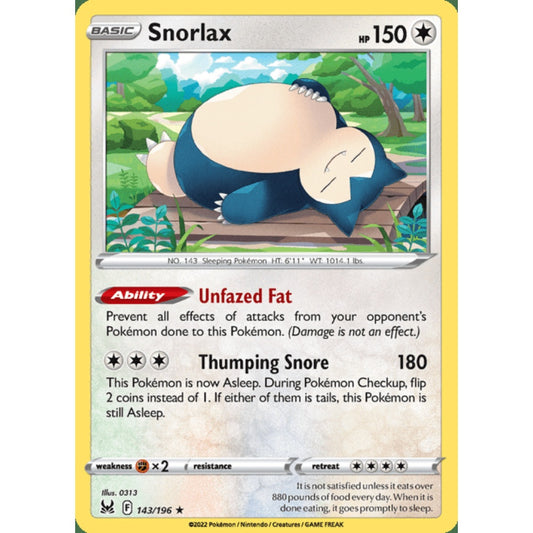 Snorlax Holo Rare 143/196 Pokemon Card Game Lost Origins