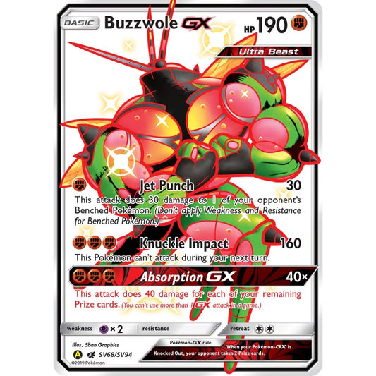 Buzzwole-GX Rare Shiny GX SV68/SV94 Pokemon Card Game Hidden Fates