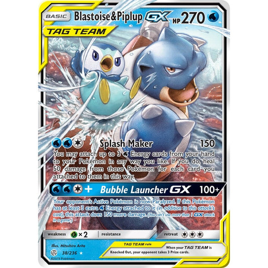 Blastoise & Piplup-GX Rare Holo GX 38/236 Pokemon Card Game Cosmic Eclipse