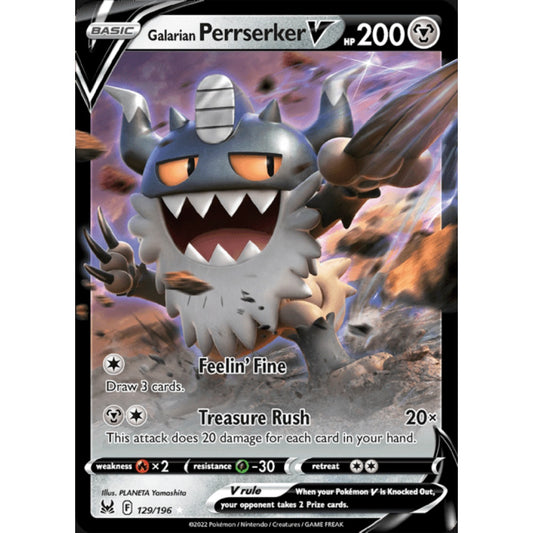 Galarian Perrserker V Double Rare 129/196 Pokemon Card Game Lost Origins