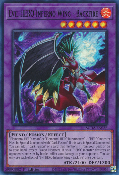 Evil HERO Inferno Wing - Backfire SUDA-EN032 Super Super Rare Yu-Gi-Oh Supreme Darkness in Art