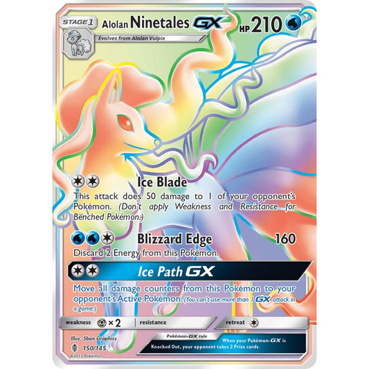 Alolan Ninetales-GX Rare Rainbow 150/145 Pokemon Card Game Guardians Rising