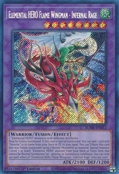 Elemental HERO Flame Wingman - Infernal Rage BLMR-EN012 Secret Secret Rare Yu-Gi-Oh Battles of Legend: Monstrous Revenge in Art